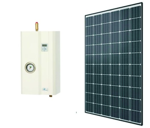 Zestaw kocioł elektryczny i panele fotowoltaiczne 5,4 kW: zdjęcie przedstawia wiszący kocioł elektryczny oraz panel fotowoltaiczny.