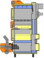 Schemat kotła Sigma dual z podajnikiem na pellet i drewno. Widok przekroju poprzecznego, ukazujący komorę spalania i podajnik ślimakowy.
